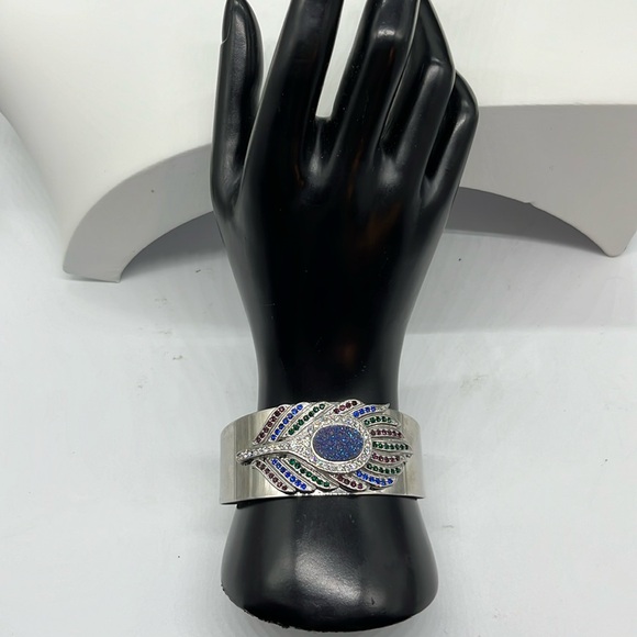 Vintage Large stainless steel rhinestone peacock feather cuff bracelet - Picture 2 of 13